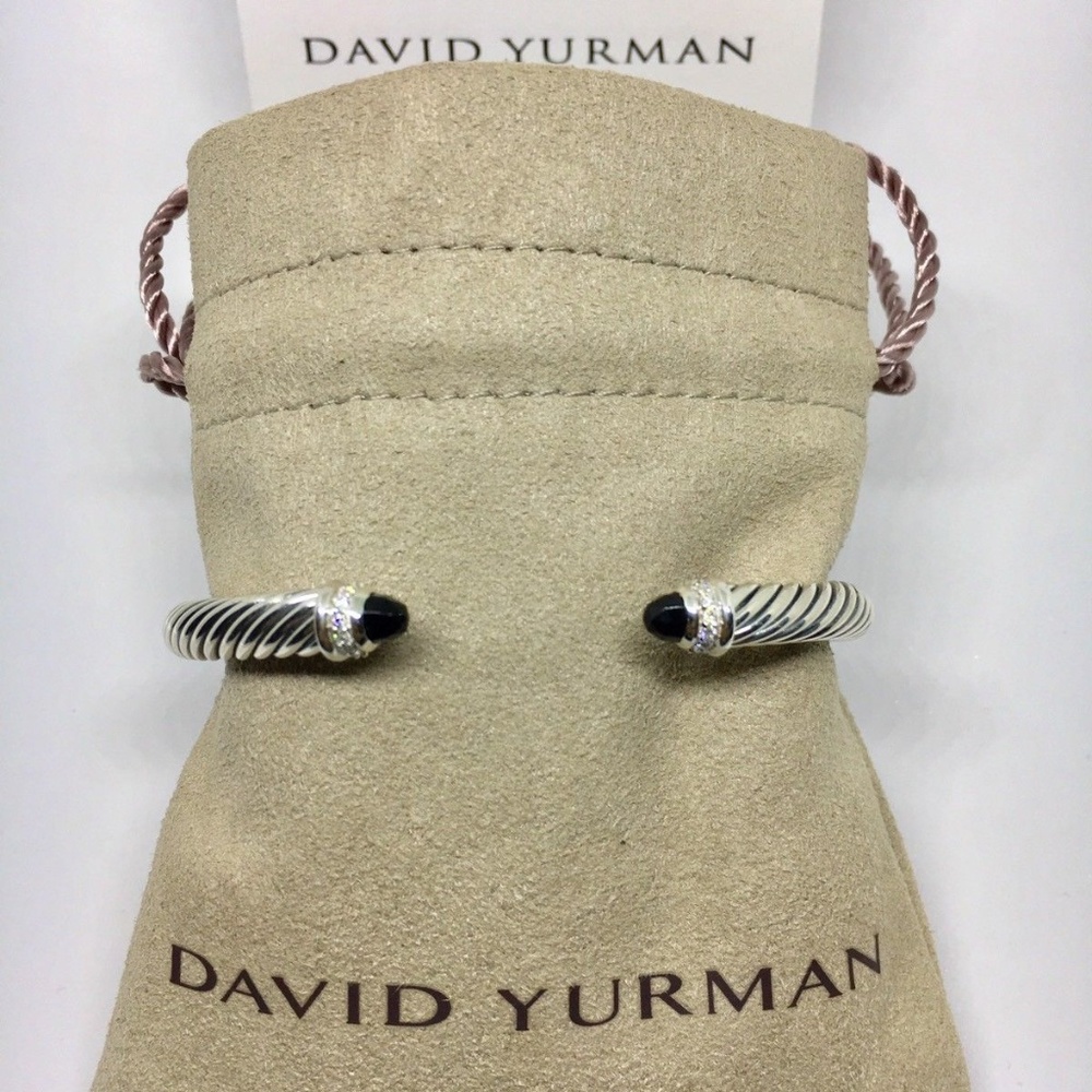 David Yurman Sterling Silver Black Onyx and Diamonds 5mm Cable Cuff Bracelet